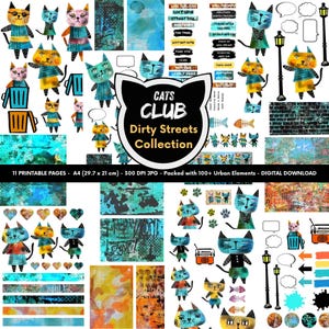 Könnte beinhalten: Ein digitaler Download mit druckbaren Seiten zum Thema "Cats Club Dirty Streets Collection". Die Kunstwerke umfassen illustrierte Katzen, Sprechblasen, Streetart-Elemente und verschiedene grafische Designs. Die Seiten sind im A4-Format (29,7 x 21 cm).