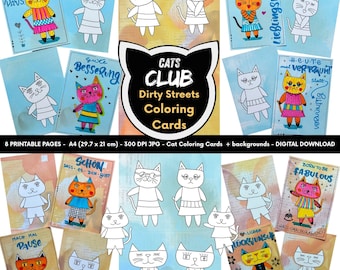 Biglietti d'auguri personalizzabili con gatti | Pagine da colorare di gatti urbani stampabili | Biglietti d'auguri e pagine da colorare fai da te | Scarica