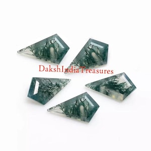 May include: Five green moss agate gemstone cabochons in a kite shape. The stones are translucent and have a dendritic pattern.