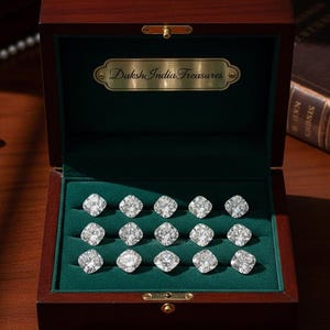 Puede incluir: Una caja de joyería de madera con interior de terciopelo verde exhibe dieciséis pendientes cuadrados con forma de diamante. La caja tiene una placa dorada que dice "Daksh India Treasures". Los pendientes están dispuestos en cuatro filas de cuatro.