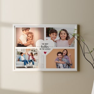 Puede incluir: Un collage de cuatro fotos enmarcadas en blanco con hermanos. Las fotos muestran a los hermanos abrazándose, riendo y divirtiéndose. El collage incluye el texto "El mejor hermano del mundo" con un corazón rojo.