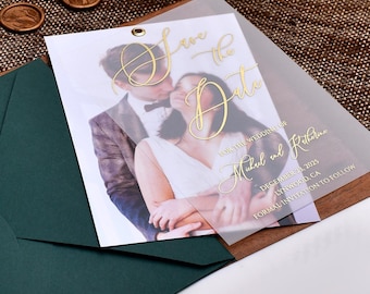 Save the Date card, Gold Foil Vellum Save the Date card with a Photo, Custom Wedding Invitations, Personalised Picture Invites