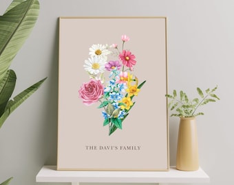 Impression d'art numérique personnalisée de bouquet de famille de fleur de naissance de jardin de grand-mère | Cadeau de Noël personnalisé | Cadeau de grand-mère d'art de maison antique