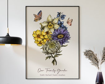 Birth Flower Family Bouquet, Custom Digital Print Personalized Gift Mother's Day Antique Home art, Grandmother gift Floral Family portrait