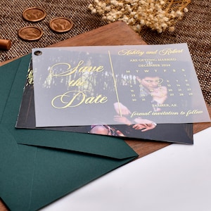 Emerald Green Save the date cards, Goil Foil Printed Vellum save the dates, Frosted Wedding save the date cards with pictures