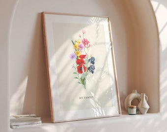 Impression d'art numérique personnalisée bouquet de famille de fleurs de naissance | Cadeau de Noël personnalisé | Art ancien pour la maison, cadeau grand-mère | Jardin de grand-mère