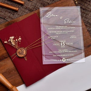 Folded Burgundy and Gold Invitation Card, Burgundy Wedding Invitation, Clear Invitation Card, Acrylic Invitation