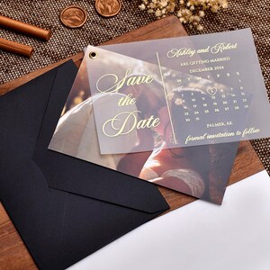 Gold Foil Calendar Vellum Save The Date Photo Invite Custom Gold Foiled Save our Date Invitation with Picture