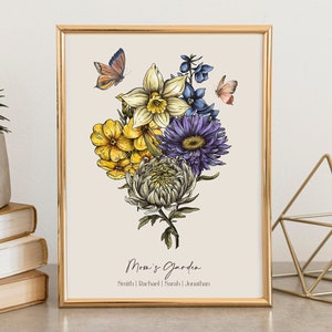 Birth Flower Bouquet, Custom Family Gift Personalized Birth Month Flowers, Vintage Home art, Grandmas gift, Floral Family Artwork
