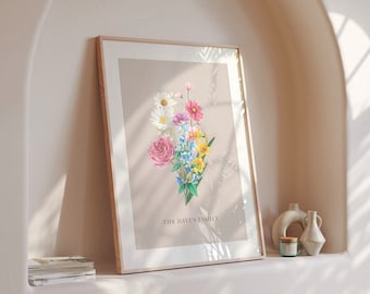 Impression d'art numérique personnalisée de bouquet de famille de fleurs de naissance de jardin de grand-mères | Cadeau de Noël personnalisé | Antiquité Art pour la maison Cadeau grand-mère