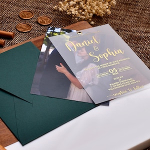 Elegant Vellum Wedding Invitations with Gold Foil Personalized Photo Wedding Invitation with Envelopes, Gold Wedding Invitations Custom
