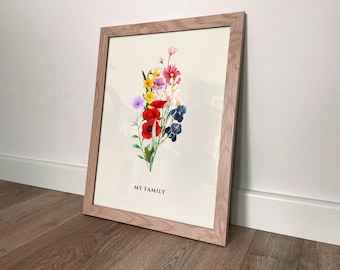 Impression d'art numérique personnalisée bouquet de famille de fleurs de naissance | Cadeau de Noël personnalisé | Art ancien pour la maison, cadeau grand-mère | Jardin de grand-mère