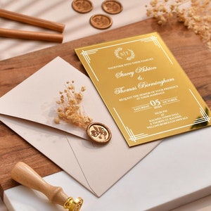 Luxury Mirror Gold Acrylic Wedding Invitation, Quinceanera Acrylic Invitations, Gold Wedding Invites Set, Invitaciones de Boda