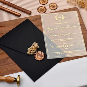 Elegant Black and Gold Retro Invitation for Weddings, Gold Foil printed acrylic invitation, Black envelope, Black and Gold Wedding invites