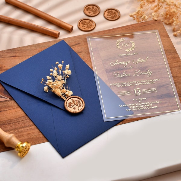 Navy Blue Color Wedding Invitations, Acrylic wedding invitation with Foil Printing, Real Gold Foil Printed Invites, Einladung hochzeit