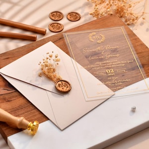Acrylic Wedding Invitations with Gold Foil | Modern Wedding Invitation Suite with Wax Seal | Ivory and Gold Acrylic Wedding Invitations