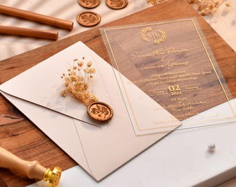 Acrylic Wedding Invitations with Gold Foil | Modern Wedding Invitation Suite with Wax Seal | Ivory and Gold Acrylic Wedding Invitations
