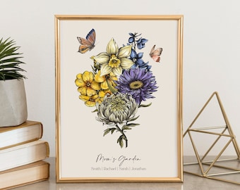 Birth Flower Bouquet, Custom Family Gift Personalized Birth Month Flowers, Vintage Home art, Grandmas gift, Floral Family Artwork