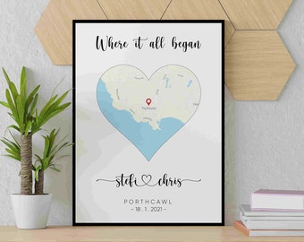 Where We First Met Map Print, Heart Map Prints, Wedding Anniversary Gifts, First Date Map, Romantic Gift, Thoughtful Gift, Girlfriend Gift
