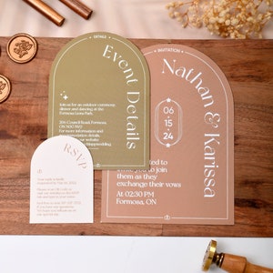 Conjunto de convites de casamento em formato de arco, convites curvos, cartão RSVP e detalhes, suíte de convites de casamento personalizados, convites de casamento personalizados