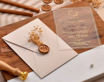 Acrylic wedding invitation with Foil Printing, Wedding Invitation acrylic, Real Gold Foil Printed Invites, Clear Transparent Acrylic