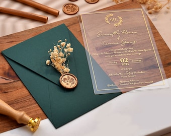 Elegant Green Wedding Invitations, Acrylic wedding invitation, Real Gold Foil Invites with Wax seals and Dried Flowers, Wedding Invitation