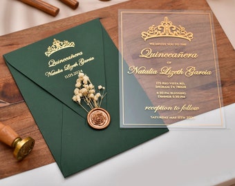 Elegant Green Acrylic Quinceañera & Sweet Sixteen Invitation - Customizable Sweet 16 Party Card Invitation, Acrylic Invitations