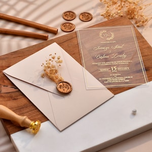 Hochzeitseinladung aus Acryl mit Foliendruck, Hochzeitseinladung aus Acryl, Einladungen mit echtem Goldfoliendruck, klares transparentes Acryl