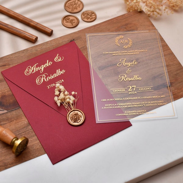 Elegant Acrylic wedding invitations, Maroon Color Wedding invite, Personalized Wedding invitation with Foil Printing, Acrylic Invitation