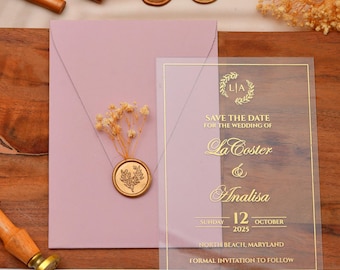 Acrylic wedding invitation with Foil Printing, Save the date Invite acrylic, Real Gold Foil Printed Invites, Clear Transparent Acrylic