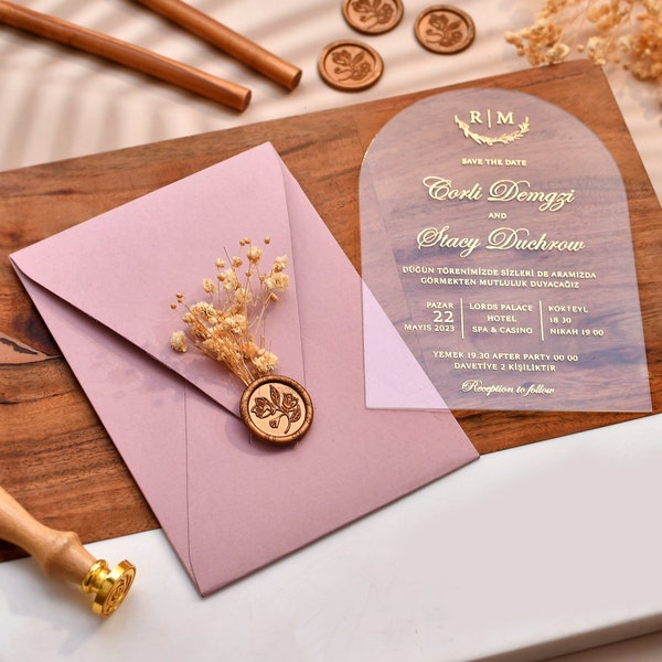 Arch Shape Acrylic Wedding Invitations, Unique Invitations, Gold Foil Print, Clear Transparent Acrylic, acryl hochzeitseinladung