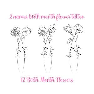2 Names Birth Month Flowers Tattoo Art , Custom Name Design , Line Art Birth Flower Tattoo Design, Couple Family Personalized Tattoo Design