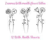 Birth Month Flowers Tattoo | Couple Family Personalized Gift | Custom Birth Month Flower | Line art tattoo | Birth Flowers Line Art Print