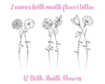 May include: A black and white line drawing of three sets of flowers with two names written underneath each set. The names are "Alice and Brian", "Chris and Billy", and "Taylor and Harry". The text "2 names birth month flower tattoo" and "12 Birth Month Flowers" are also included in the image.