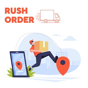 May include: Illustration of a delivery person running with a box, a smartphone with a location pin, and the text "RUSH ORDER" in red.