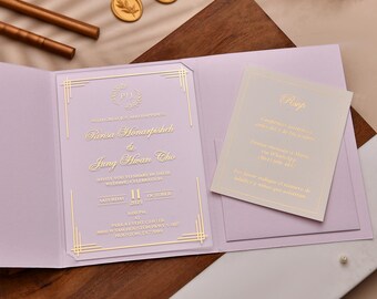 Clear Acrylic Wedding Invitations | Gold Foil Luxury Invite | Pocket Folder with RSVP Card | Custom Wedding Set