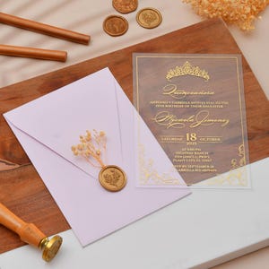 Acrylic Quinceañera Invitations, Sweet 16 Invitations, Sweet Sixteen, Elegant Acrylic Invitations, Gold Foil Print, Lavender Envelopes