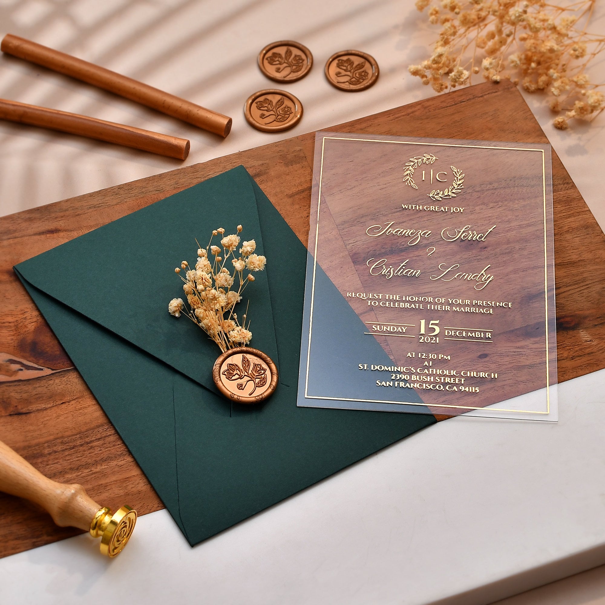 Emerald Green Wedding Invitations, Acrylic wedding invitation, Real Gold Foil Invites with Wax seals and Dried Flowers, Wedding Invitation