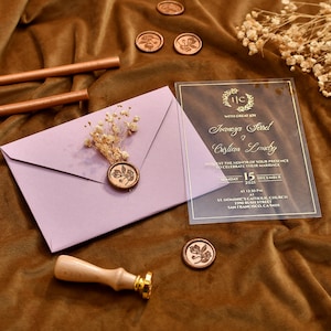Pink Color Acrylic Wedding Invitations, Acrylic wedding invitation, Gold Foil Invites with Wax seals and Dried Flowers, Invitaciones de boda
