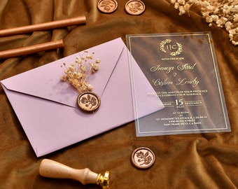 Pink Color Acrylic Wedding Invitations, Acrylic wedding invitation, Gold Foil Invites with Wax seals and Dried Flowers, Invitaciones de boda