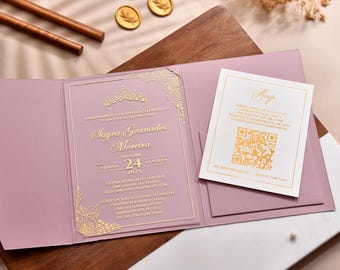 Invitations de quinceañera Espagnol | Élégante feuille d'or XV ans Invitation avec RSVP | Douces 15 cartes d'anniversaire | Faire-part 16 ans