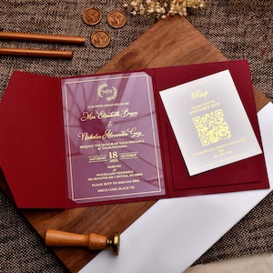 Trifold Acryl-Hochzeitseinladungen | Hochzeitseinladungs-Set mit Antwortkarte, Hochzeitseinladungen in Burgunderfarbe