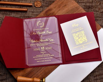 Trifold Acrylic Wedding Invitations | Wedding Invitation Suite with RSVP & Details Card, Burgundy color wedding Invitations, Invitation Set