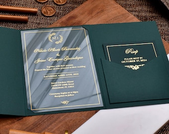 Acrylic Wedding Invitation Suite with Pocketfold Envelope, Trifold Wedding Invitation with RSVP, Details card, Custom Wedding Invites
