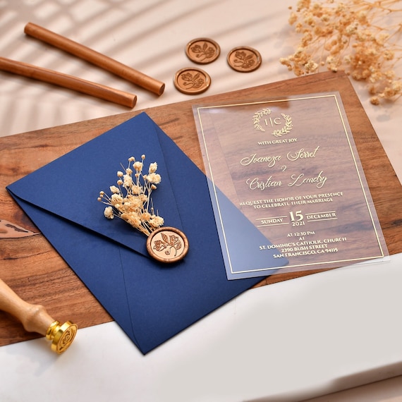 Navy Blue Color Wedding Invitations, Acrylic wedding invitation with Foil Printing, Real Gold Foil Printed Invites, Einladung hochzeit