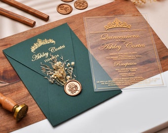 Elegant Green Acrylic Quinceañera & Sweet Sixteen Invitation - Sweet 16 Party Card Invitation, Acrylic Invitations with Dried Flowers