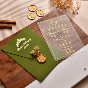 Acrylic Quinceañera Invitation Suite | Olive Green Envelope | Clear Gold Foil Mis Quince Anos XV Invite, Sweet 16 Invitation, Sweet Sixteen