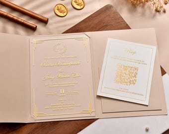 Luxury Trifold Acrylic Wedding Invitation with Champagne Envelopes | Gold Foil Clear Invite with RSVP | Elegant Modern Wedding Cards