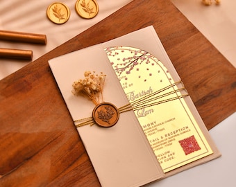 Mirror Gold Acrylic Wedding Invitations, Folded Wedding Invites Set, Wax seals & Flowers