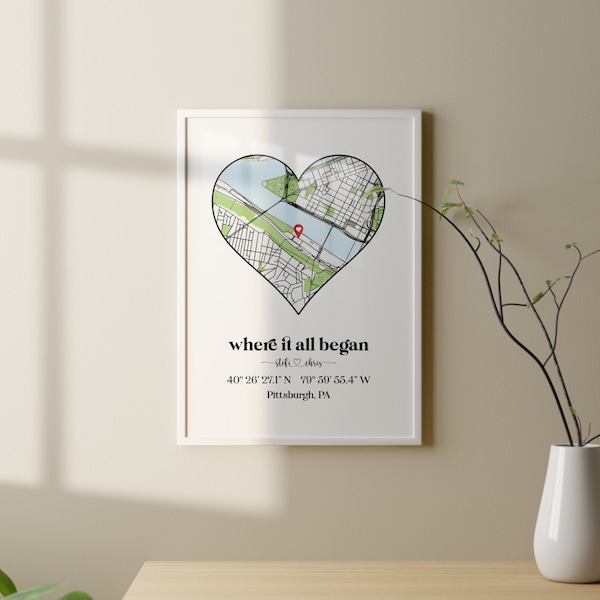 Where it all began Love Map Print gift for her, Memory Maps For Anniversary & Birthdays, Your First Date Map, Gift for Husband, Christmas